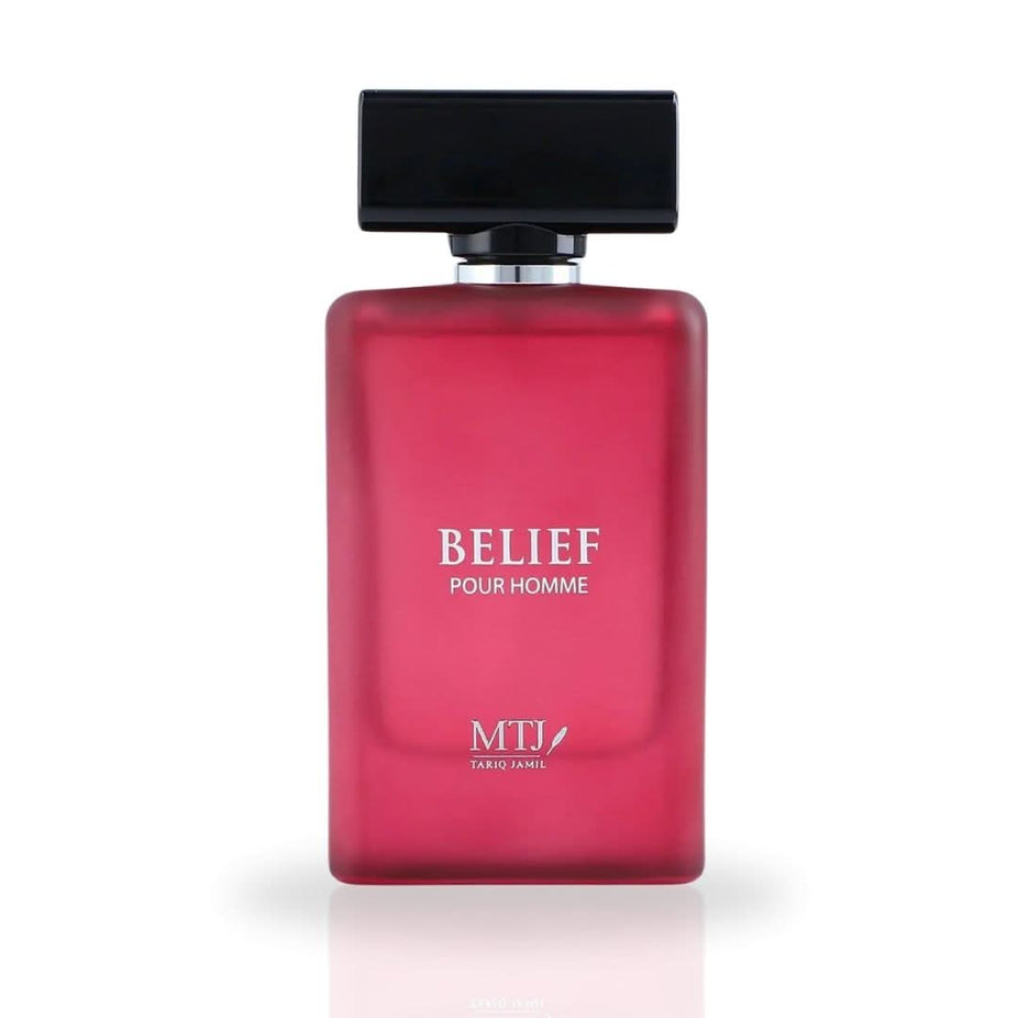 MTJ Belief Pour Homme EDP spray 100ML featuring floral, exotic spices, and warm notes in a sleek bottle.