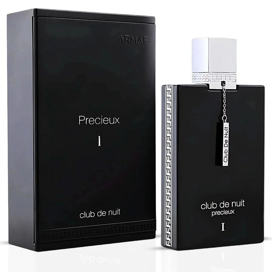 Bundle of Armaf Club de Nuit Précieux I and IV Extrait de Parfum sprays, 55ml each, with elegant packaging and spray nozzles.