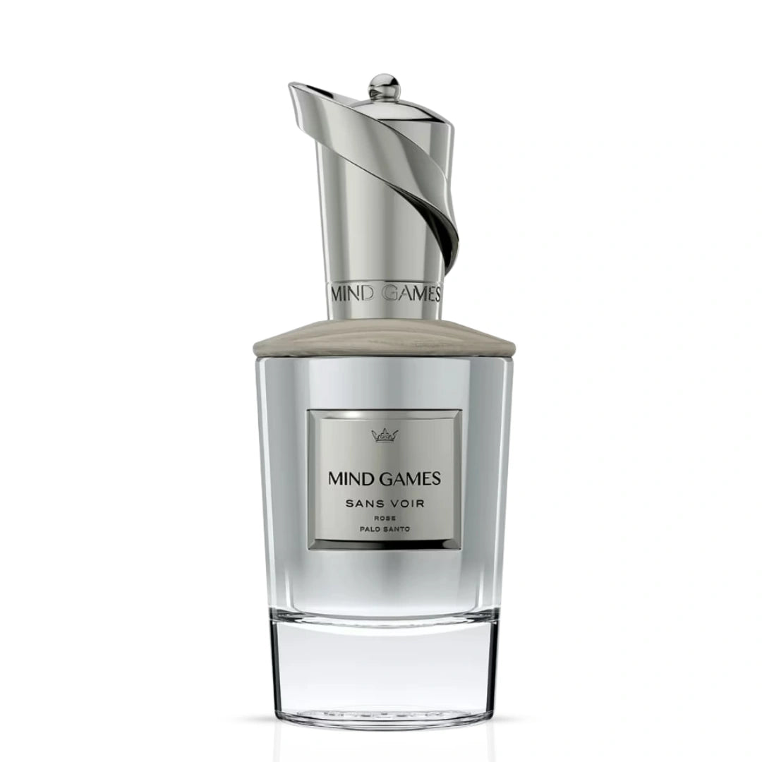 Sans Voir Extrait de Parfum 100ml by Mind Games, elegant glass bottle of EDP perfume with minimalist design.