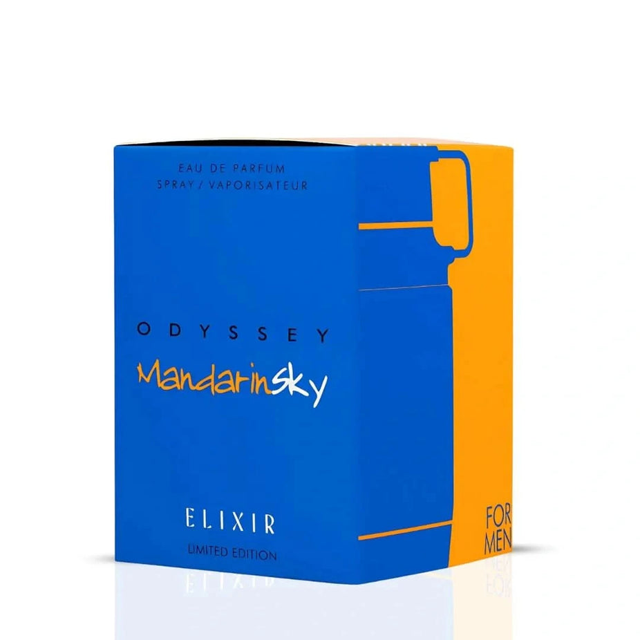 Odyssey Mandarin Sky Elixir Eau de Parfum spray bottle by Armaf, 100ml, with elegant packaging and a sleek design.