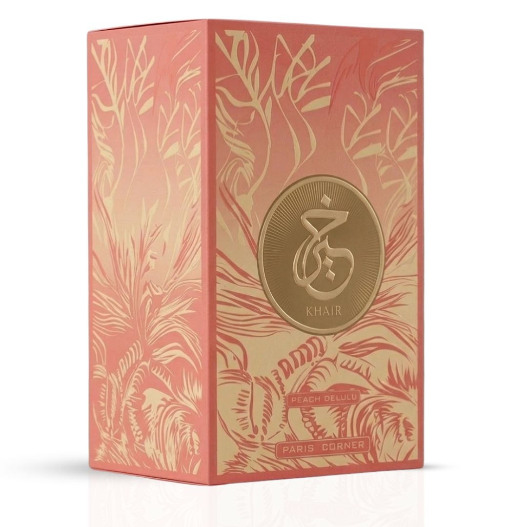Khair Peach Delulu Eau de Parfum spray by Paris Corner, 100ml bottle, with a peachy scent and elegant perfume packaging