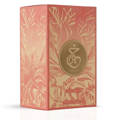 Khair Peach Delulu Eau de Parfum spray by Paris Corner, 100ml bottle, with a peachy scent and elegant perfume packaging