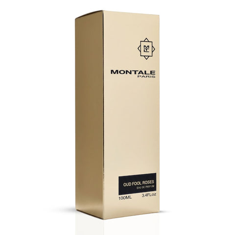 Montale Oud Fool Roses Eau de Parfum spray bottle, 100ml, featuring elegant packaging with floral and oud fragrance elements.
