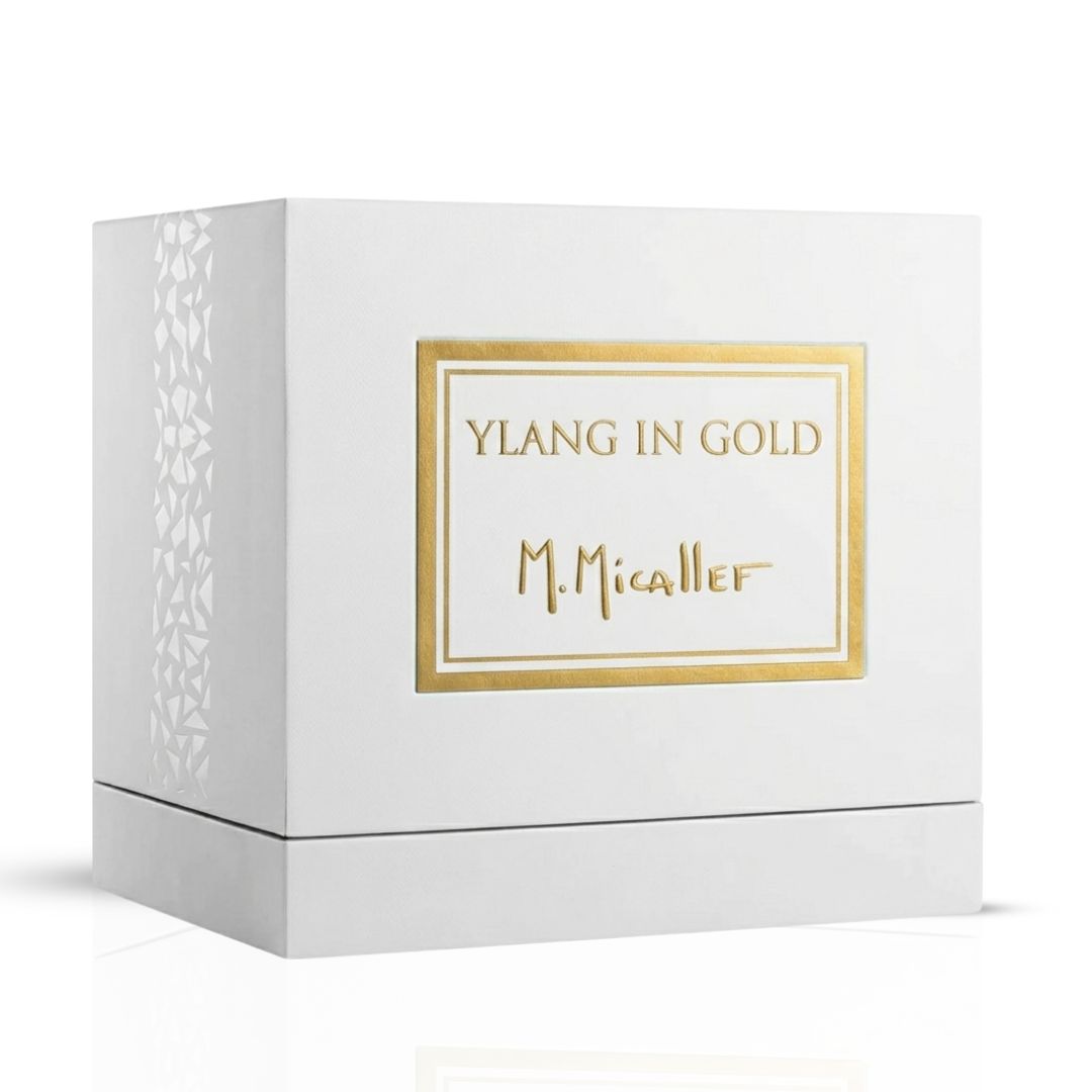 Ylang in Gold Eau de Parfum spray by M. Micallef, 100ml bottle with elegant gold and black packaging, showcasing luxurious fragrance.