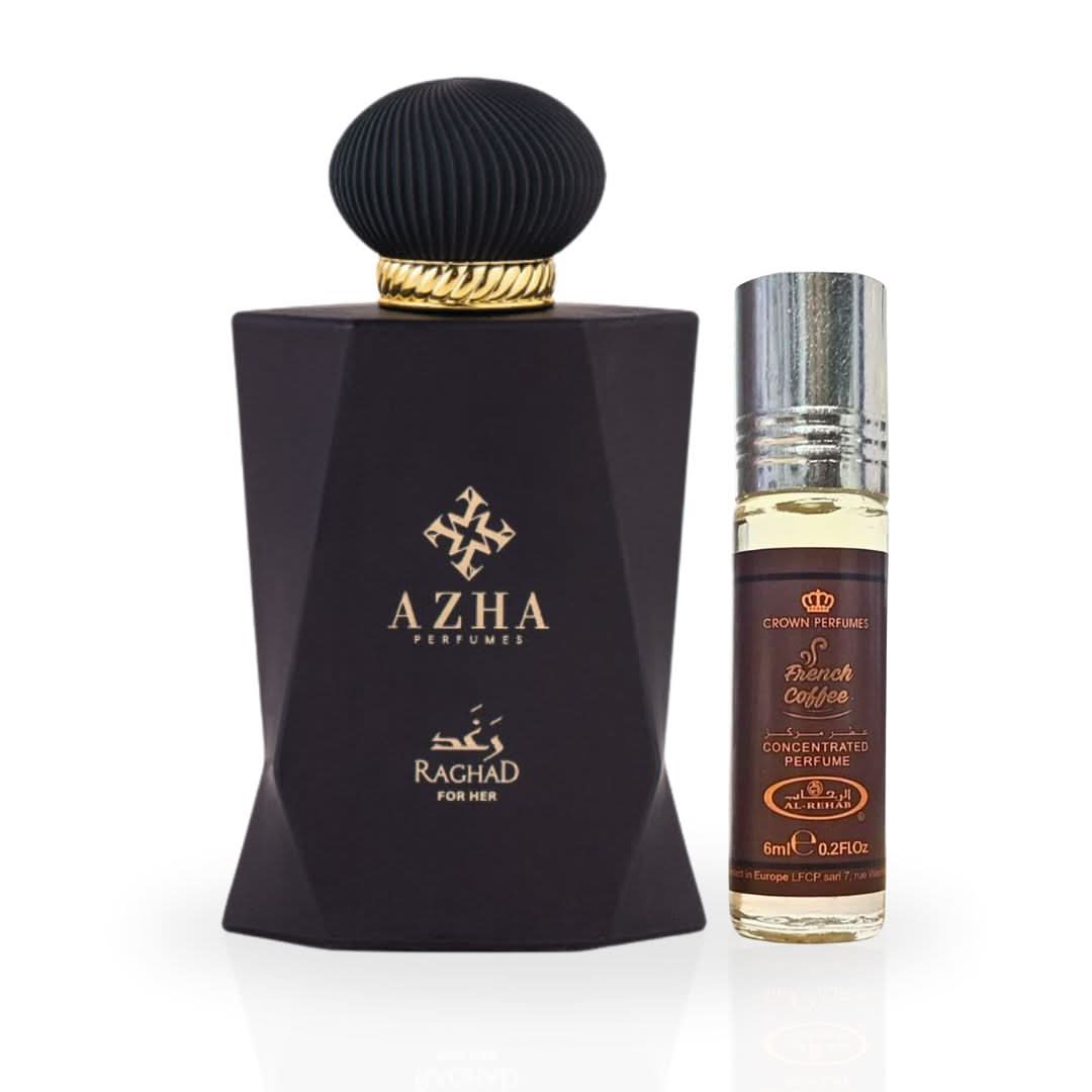 Bundle of French Coffee 6ml and Azha Raghad Eau de Parfum 100ml by Intense Oud with perfume bottles and packaging visible.