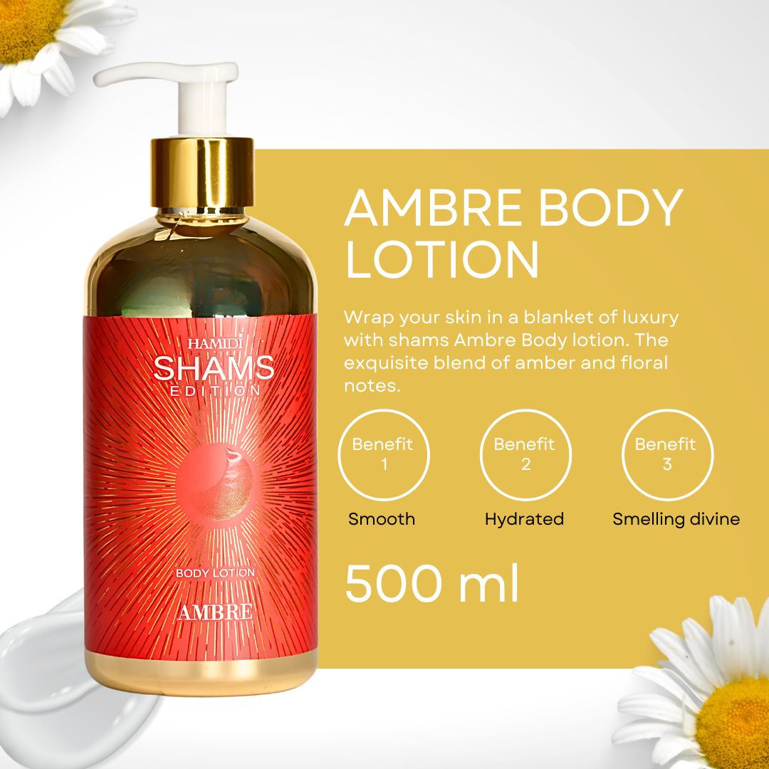 Hamidi Shams Edition Ambre Body Lotion 500ml (16.9 OZ) By Hamidi | Ultra Moisturizing, Skin-Nourishing, Replenishes Dry Skin, Sweet Fragrance. - Intense Oud