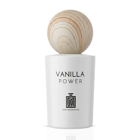 Aura Fragrances Vanilla Power Eau De Parfum spray bottle, 100ml (3.4 oz), with elegant packaging and a vanilla scent.