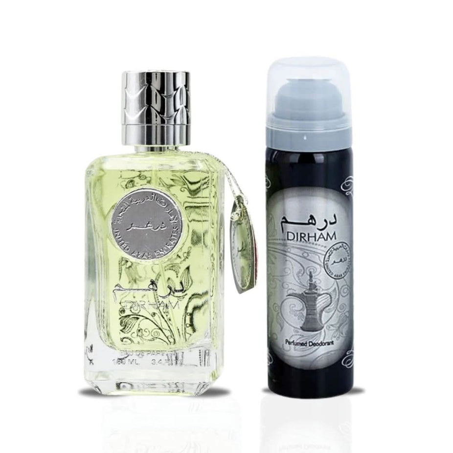 Dirham Eau de Parfum Spray 100ml and 50ml deodorant by Ard Al Zaafaran displayed with bottles and packaging.