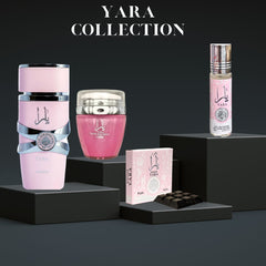 YARA Eau De Parfum Spray 100ML, Hand & Body Lotion 45ML, Roll-on Perfume Oil 10ML & Bakhoor 40gm - For Women by Lattafa. (YARA COLLECTION) - Intense Oud