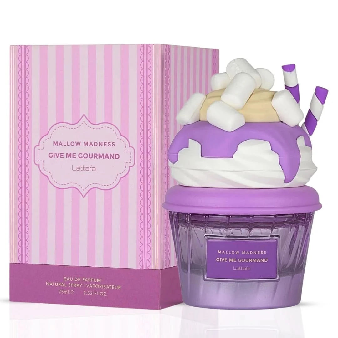 Lattafa Mallow Madness, Vanilla Freak & Berry on Top Eau de Parfum spray bundle, 75ml each, with colorful fragrance bottles.