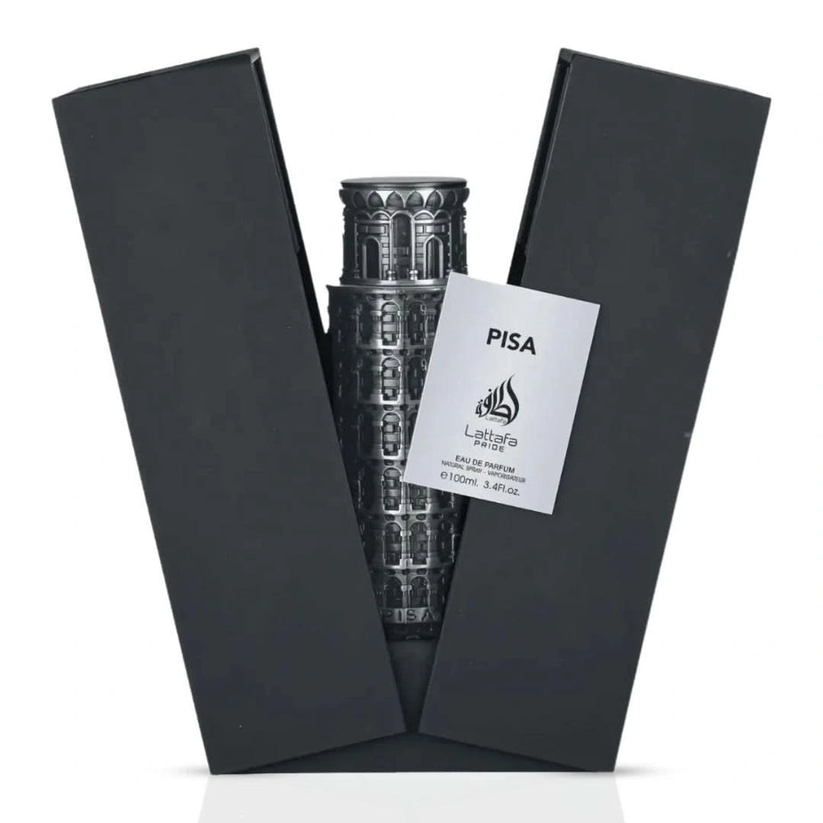 Lattafa Pisa Eau de Parfum spray 100ml bottle, sleek design, displaying the fragrance bottle with a silver cap and elegant label.