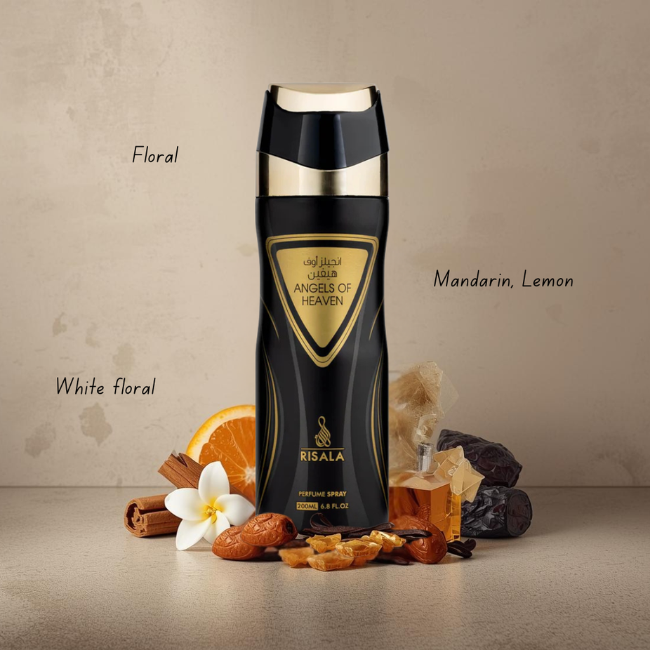 RISALA Angels of Heaven perfumed body spray 200ml deodorant bottle with floral and angelic design on the label.