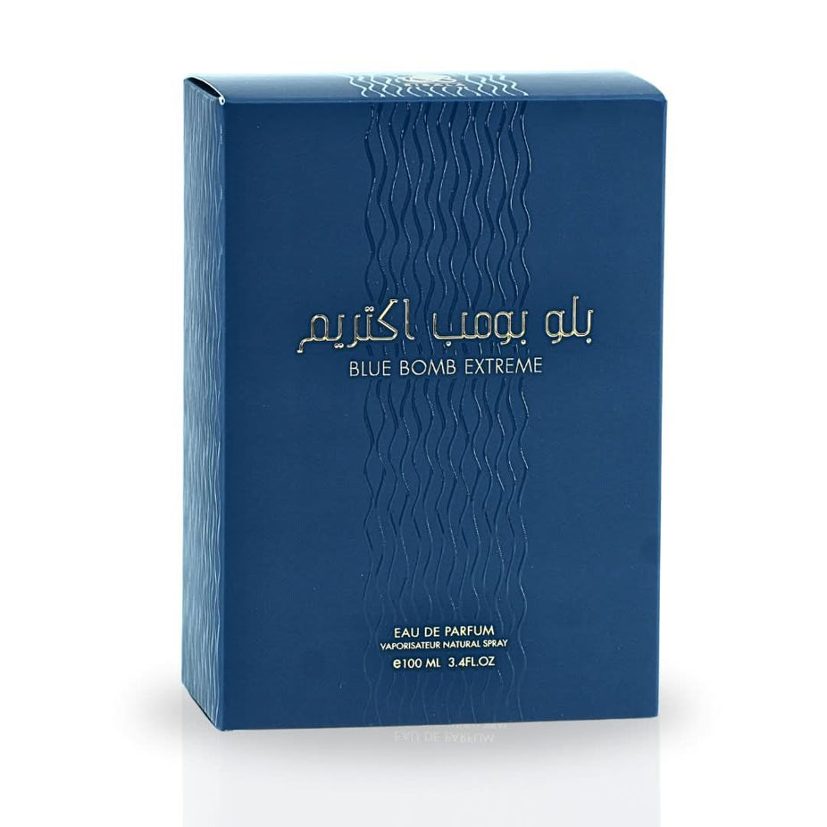 Blue Bomb Extreme EDP spray by RISALA, 100ml, showcasing the luxurious perfume bottle with a captivating blue design.