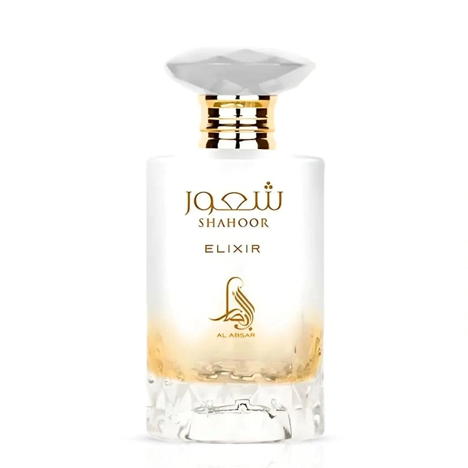 Al Absar Shahoor Elixir Eau de Parfum spray bottle, 100ml, with elegant glass and silver cap, showcasing the perfume's sleek design.