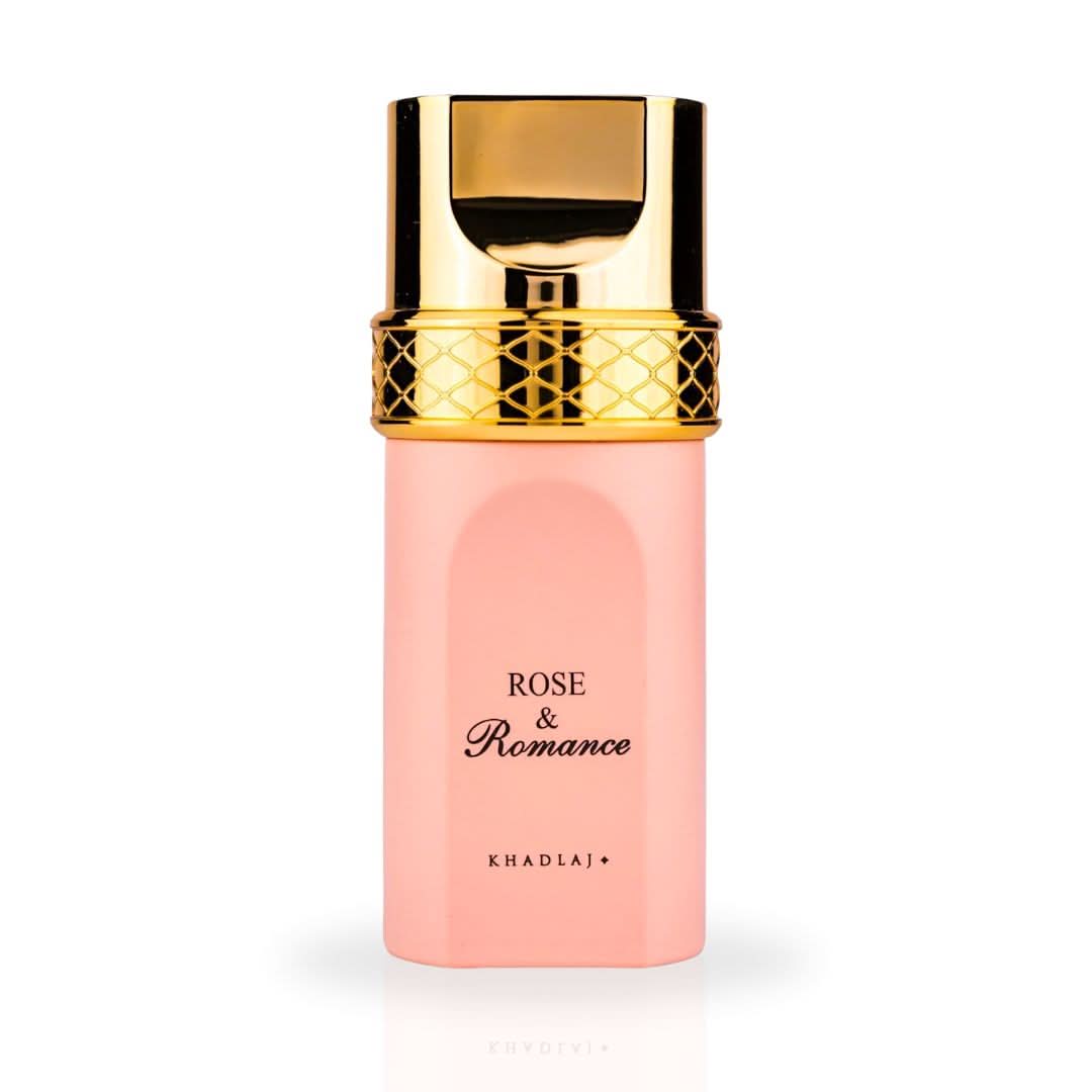Khadlaj Rose & Romance Gold Eau de Parfum spray in 100ml bottle, elegant design, with a velvet pouch for luxurious fragrance storage