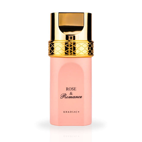 Khadlaj Rose & Romance Gold Eau de Parfum spray in 100ml bottle, elegant design, with a velvet pouch for luxurious fragrance storage