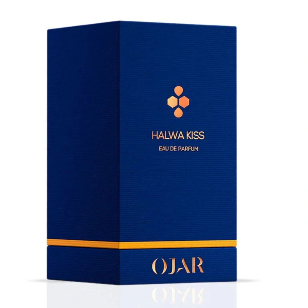 Ojar Halwa Kiss Eau De Parfum bottle with 100ml/3.4oz size, sleek glass design and elegant label on a neutral background.