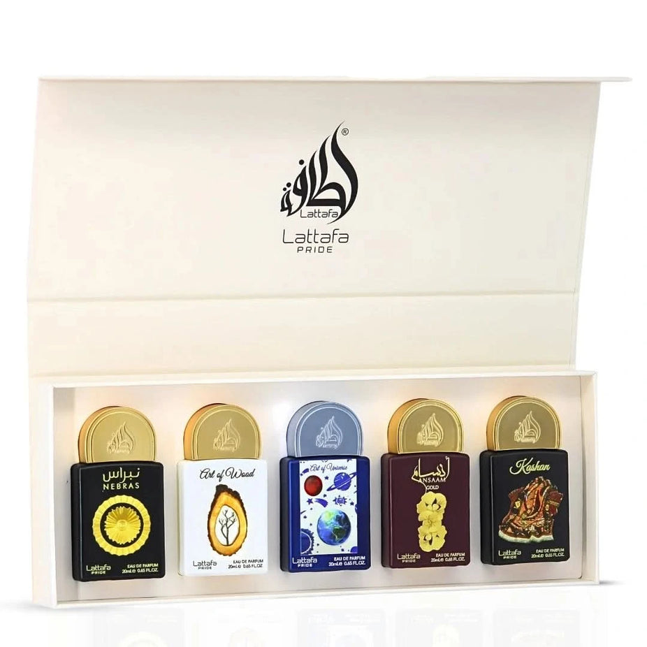 Lattafa Pride Eau de Parfum Gift Set with five 20ml bottles, featuring elegant packaging and a variety of fragrance options.