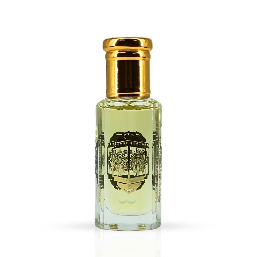Intense Oud Warda Perfume Oil 12ml with black gift box, featuring a clear bottle of loose perfume oil and elegant packaging.