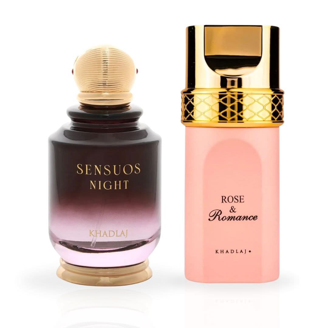Khadlaj Rose & Romance Gold and Sensuous Night Eau de Parfum spray bundle, 100ml bottles with elegant packaging.