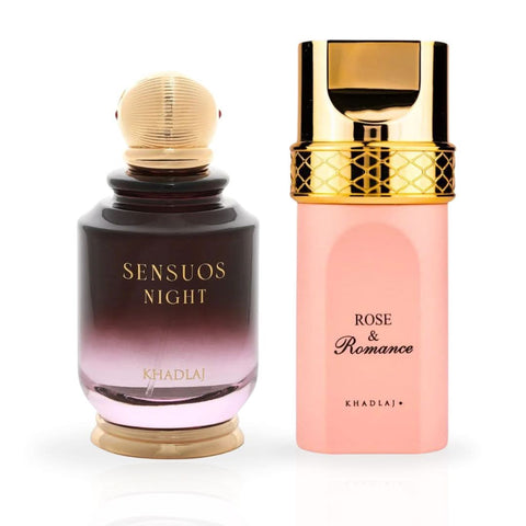 Khadlaj Rose & Romance Gold and Sensuous Night Eau de Parfum spray bundle, 100ml bottles with elegant packaging.
