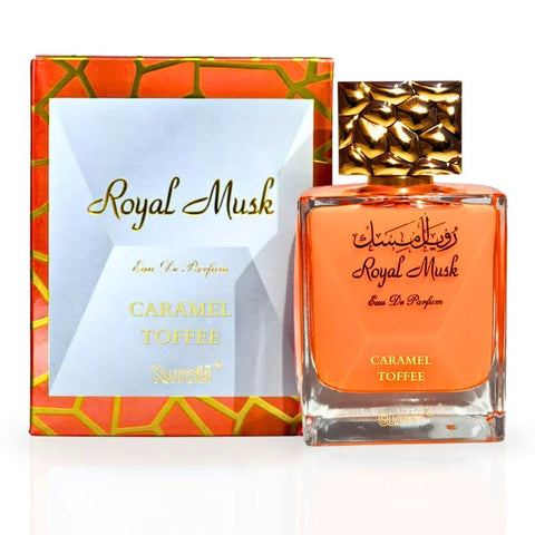 Surrati Royal Musk Caramel Toffee Eau de Parfum spray bottles in a value pack, showcasing elegant packaging and fragrance details.