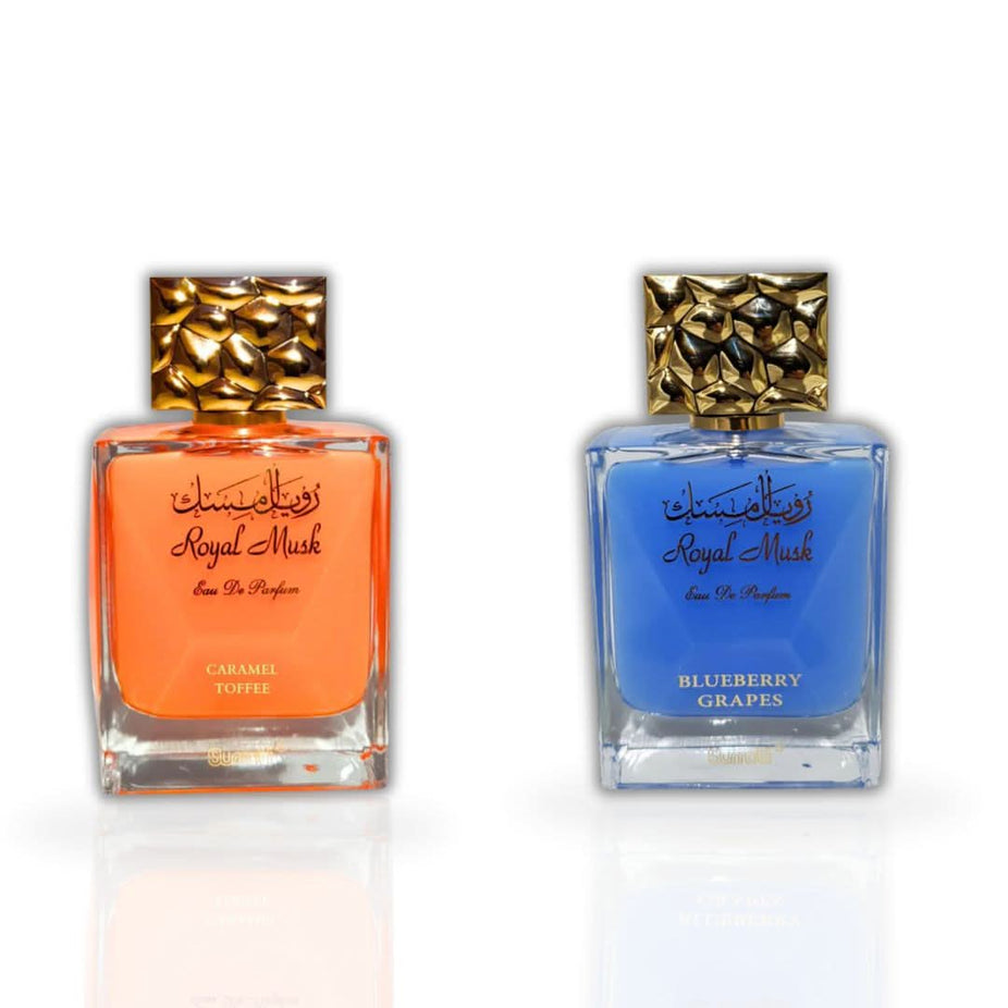 Surrati Royal Musk Caramel Toffee and Blueberry Grapes EDP sprays in 100ML bottles, showcasing elegant packaging.