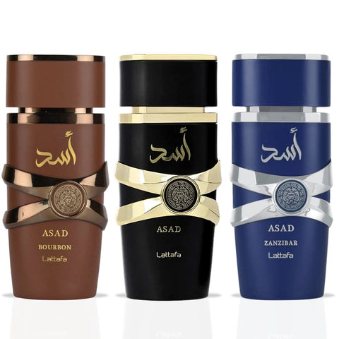 Lattafa Asad Zanzibar and Asad Bourbon Eau de Parfum sprays in 100ml bundle, featuring sleek bottles and elegant packaging.