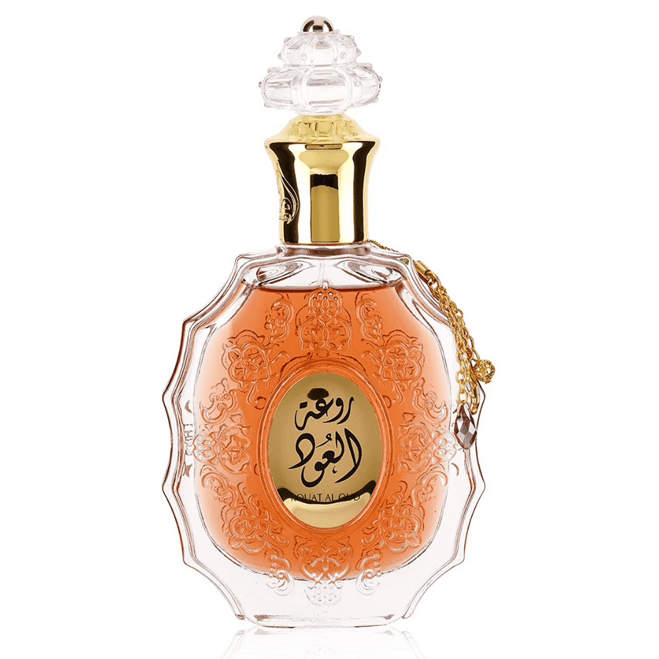 Lattafa Rouat Al Oud Eau de Parfum spray 100ml bottle, with elegant packaging and floral, woody fragrance accents.