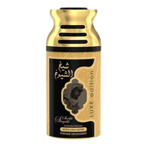 Lattafa Sheikh Al Shuyukh 3-piece 250ml unisex deodorant set with luxe Khususi scent, featuring stylish spray bottles.