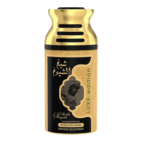 Lattafa Sheikh Al Shuyukh 3-piece 250ml unisex deodorant set with luxe Khususi fragrance, featuring sleek bottles and elegant design.