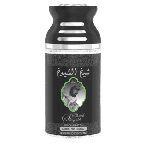 Lattafa Sheikh Al Shuyukh 3-piece unisex deodorant set with 250ml bottles, featuring luxurious Khususi scent and classic packaging.