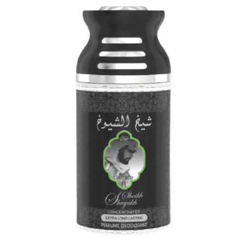 Lattafa Sheikh Al Shuyukh 3-piece unisex deodorant set with 250ml bottles, featuring luxurious Khususi scent.