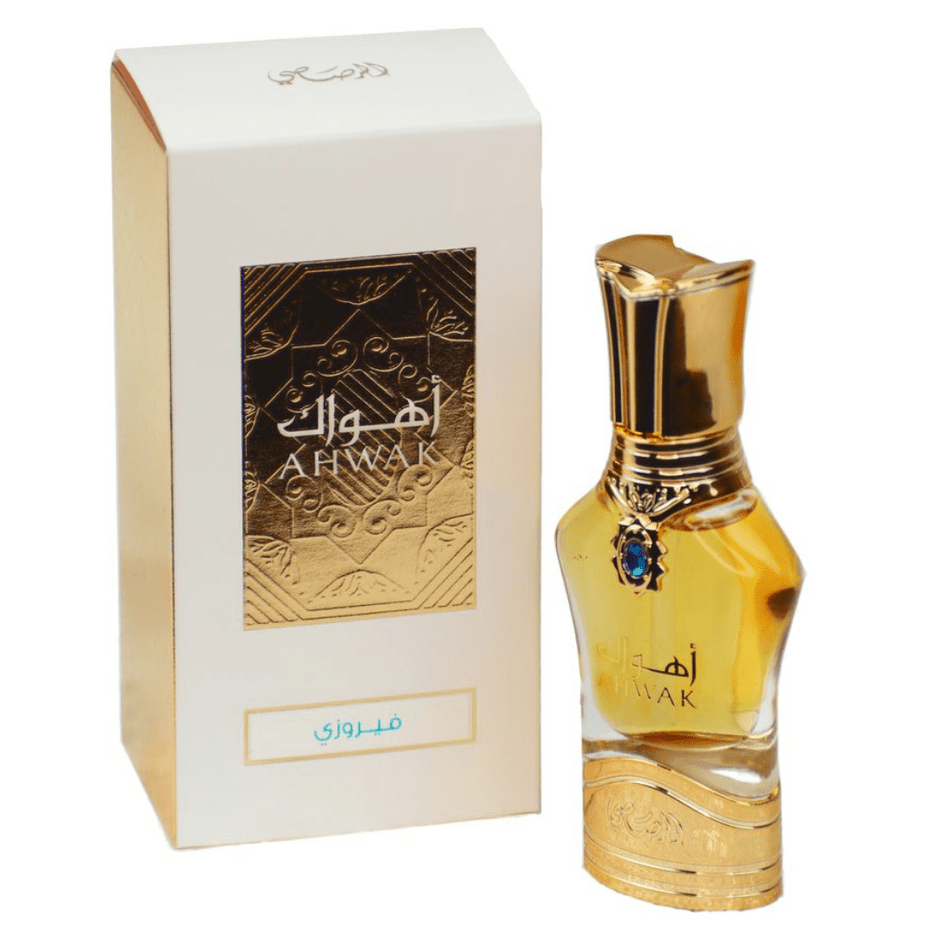 Rasasi Ahwak CPO Collection concentrated perfume oils in Fayrozy, Asfar, and Arujuwani bottles, displayed with elegant packaging.