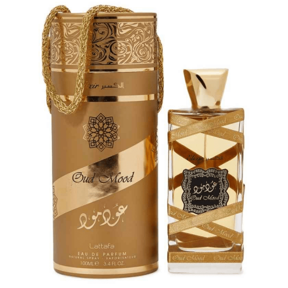 Lattafa Oud Mood, Elixir, Reminiscence & Musk Mood 100ml Eau De Parfum bottles displayed in a sleek box.