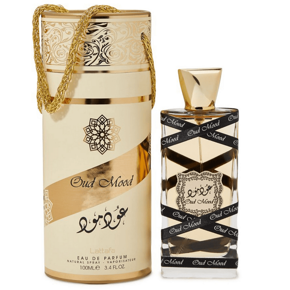 Lattafa Oud Mood, Elixir, Reminiscence & Musk Mood EDP 100ml bottle with elegant design and fragrance details.