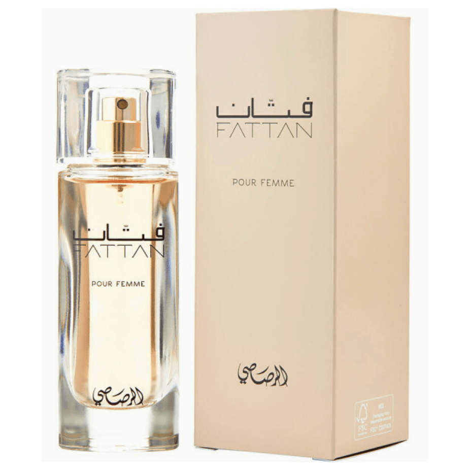 Rasasi Fattan for Women Eau de Parfum 50ml bottle with elegant packaging and floral perfume design.