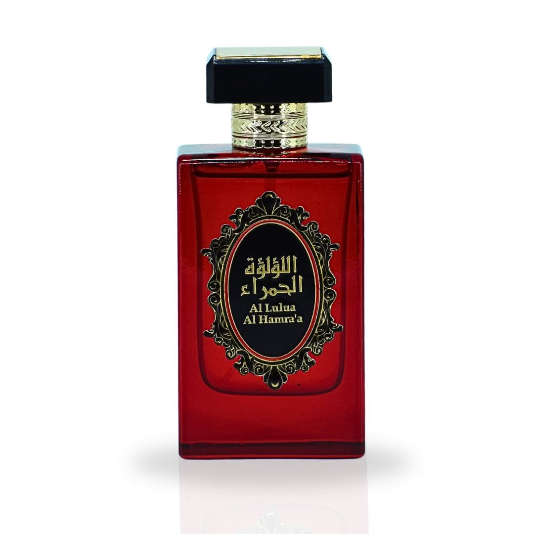 RISALA Al Lulua Al Hamra EDP spray 110ML with luxurious musky floral scent, shown in elegant perfume bottle.
