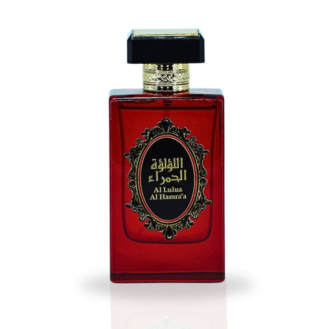 RISALA Al Lulua Al Hamra EDP spray 110ML with luxurious musky floral scent, shown in elegant perfume bottle.