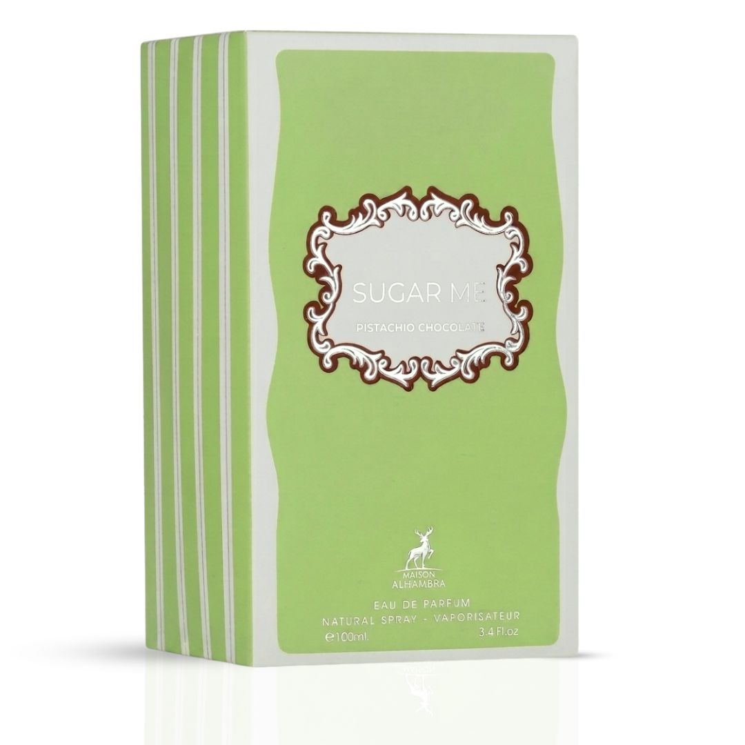Maison Alhambra Sugar Me Pistachio Chocolate Eau de Parfum spray bottle, 100ml, with pistachio and chocolate notes.