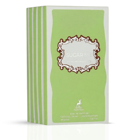 Maison Alhambra Sugar Me Pistachio Chocolate Eau de Parfum spray bottle, 100ml, with pistachio and chocolate notes.