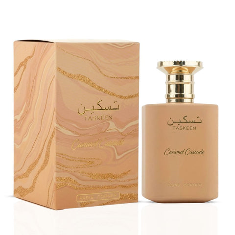 Bundle of Paris Corner Taskeen Caramel Cascade and Marina Eau de Parfum sprays, 100ml each, featuring elegant perfume bottles.