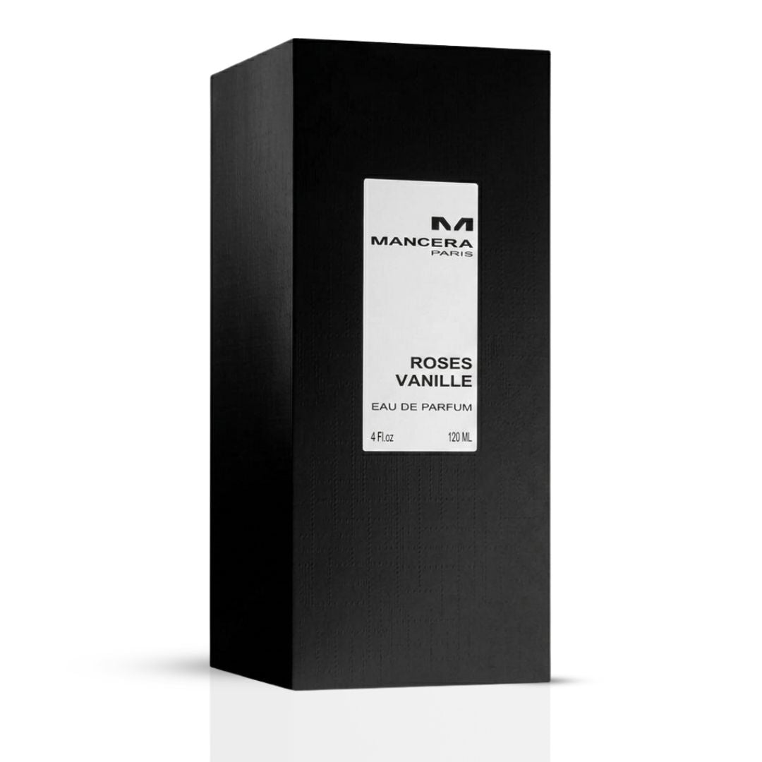 Mancera Roses Vanille Eau de Parfum spray bottle, 120ml, with elegant floral and vanilla scent packaging.
