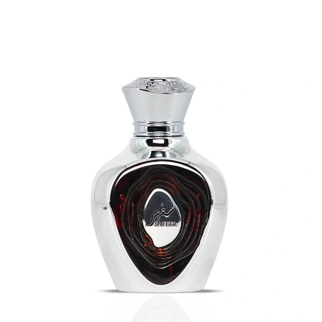 Lattafa Niche Emarati Safeer Eau De Parfum spray in velvet pouch, 100ml, featuring elegant bottle and luxurious packaging.
