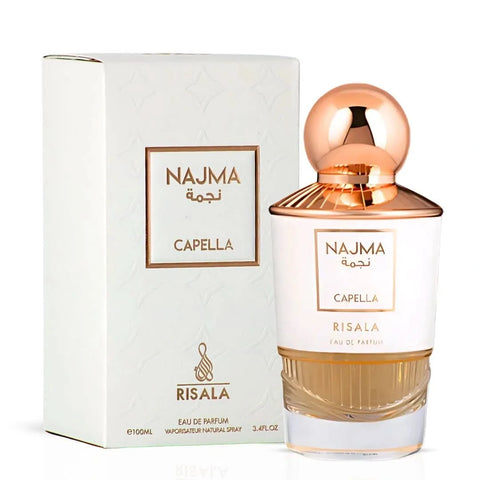 Risala Najma Capella and Nova Eau de Parfum sprays in a 100ml bundle, featuring elegant perfume bottles with floral and fresh scent notes.