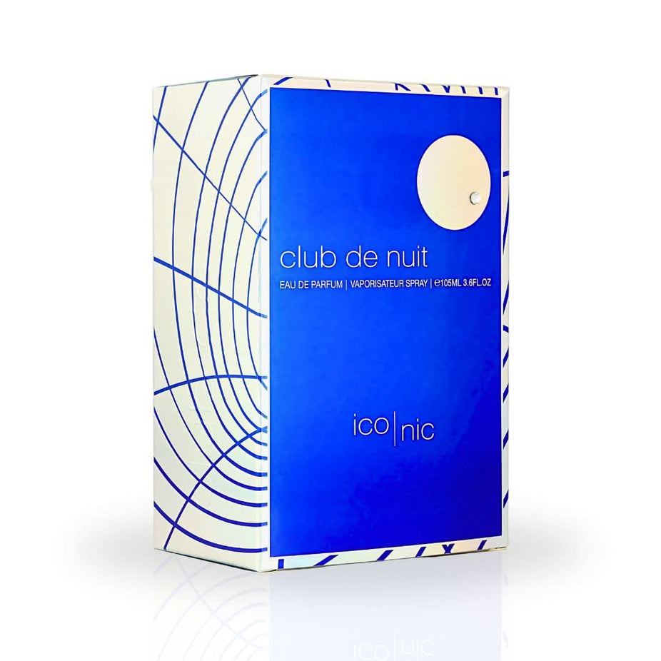 Armaf Club De Nuit Blue Iconic Eau De Parfum spray bottle, 105ML, with sleek blue design and elegant cap.