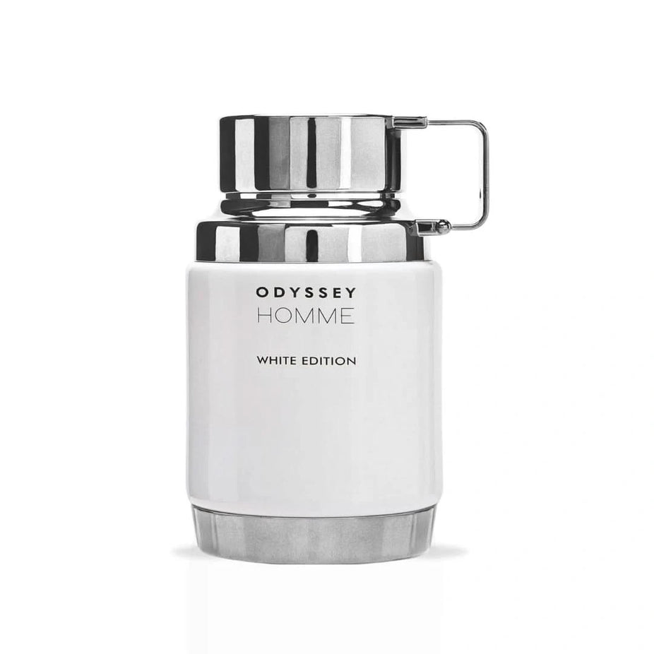 Odyssey Homme White Edition Eau de Parfum spray by Armaf, 200ml bottle with sleek white packaging.
