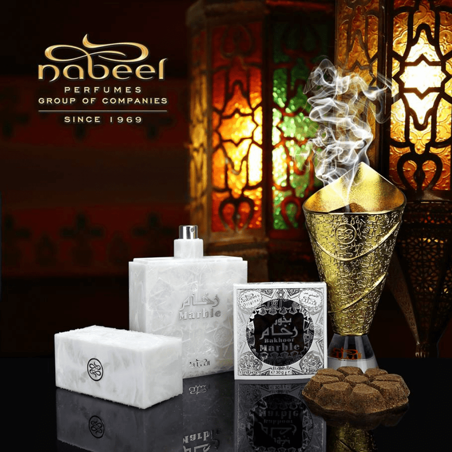 Nabeel Perfumes Bakhoor Marble 30 GMS, aromatic traditional incense in a decorative marble container.