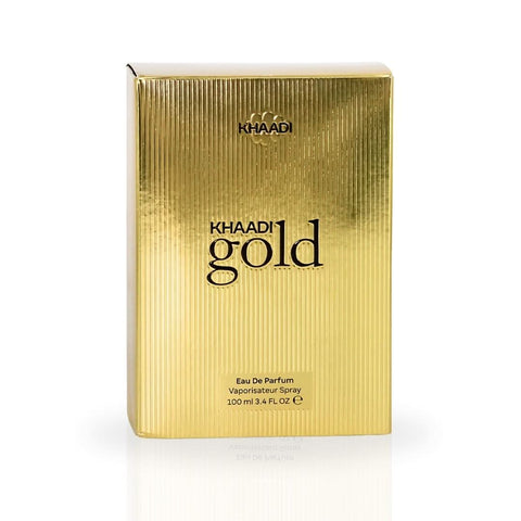 Khaadi Gold Eau de Parfum spray bottle, 100ml, with elegant gold packaging and sleek design.