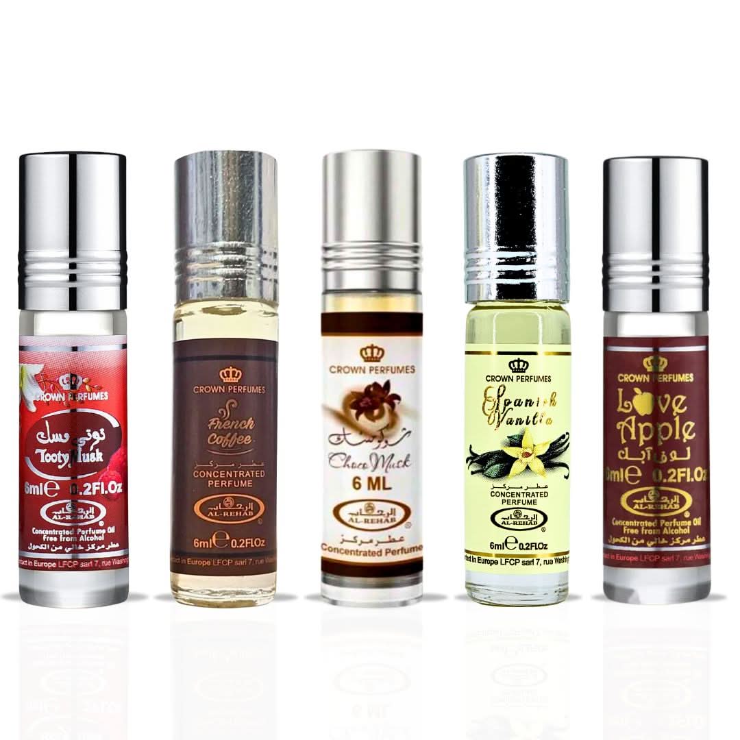 Al Rehab collection of perfume oils featuring Choco Musk, Spanish Vanilla, French Coffee, Love Apple, and Tooty Musk in 6ml bottles.